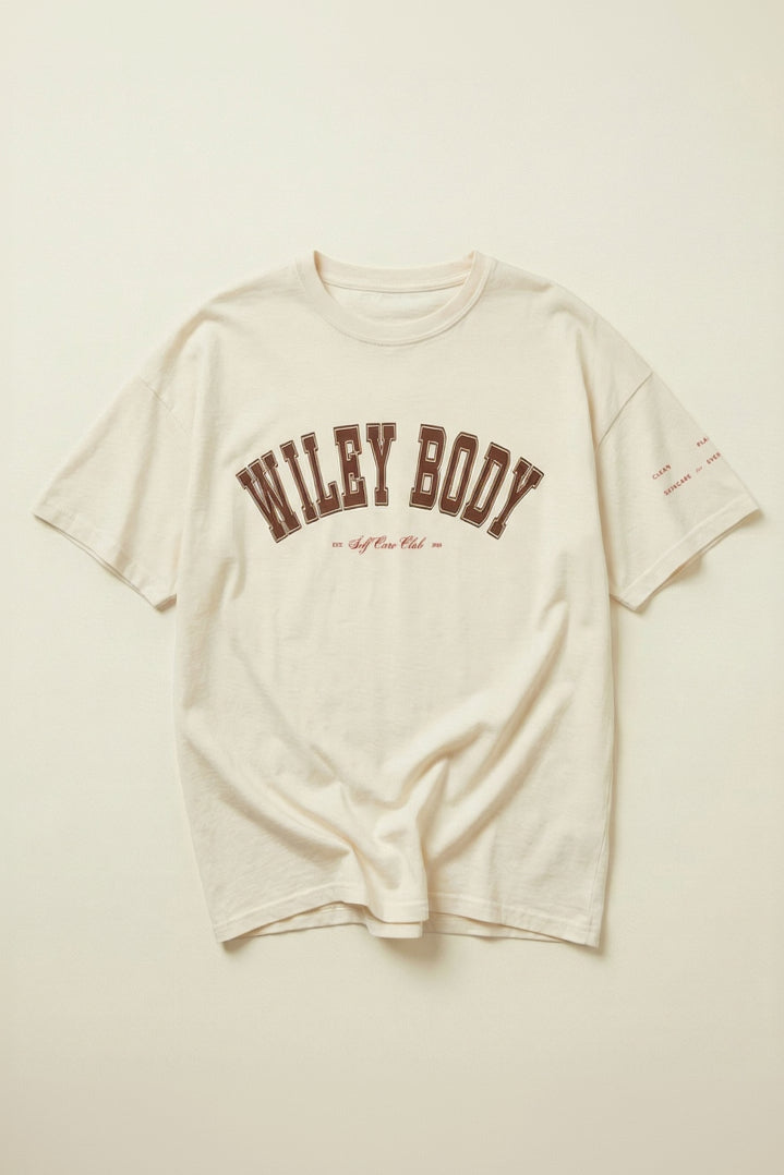 Cream t-shirt with brown 'Wiley Body' text on a beige background