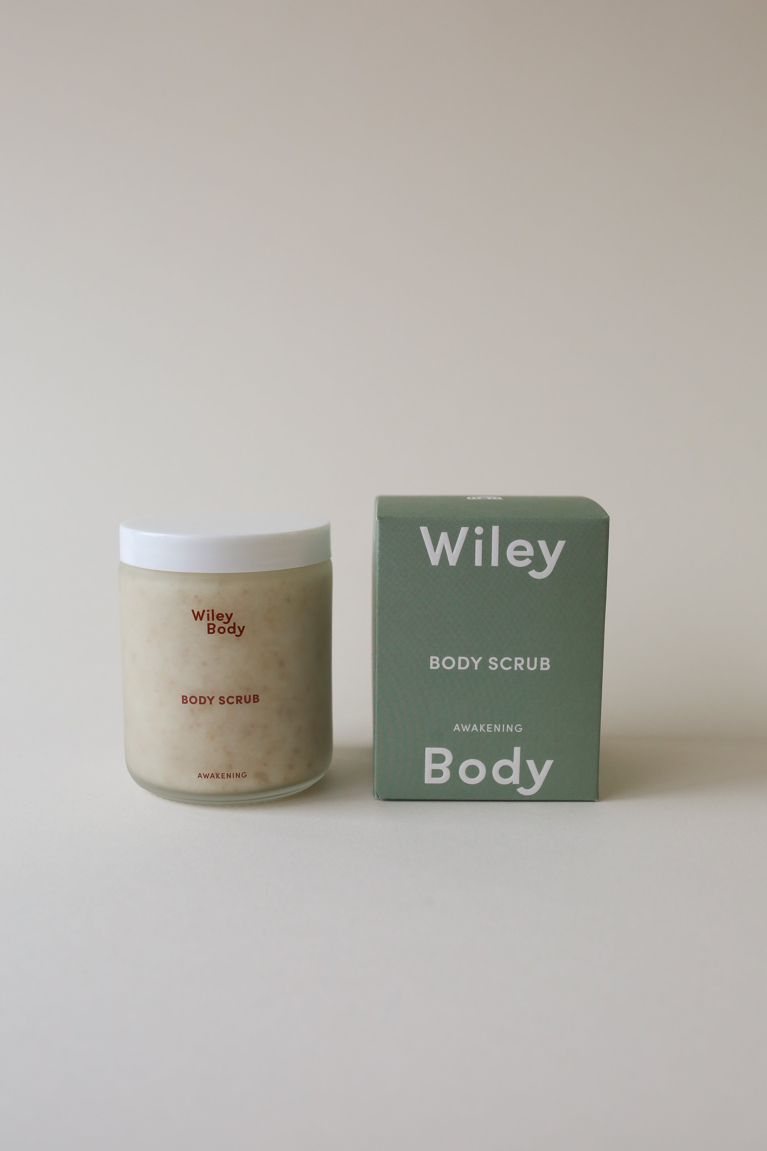Wiley Body Awakening exfoliating body scrub in glass jar