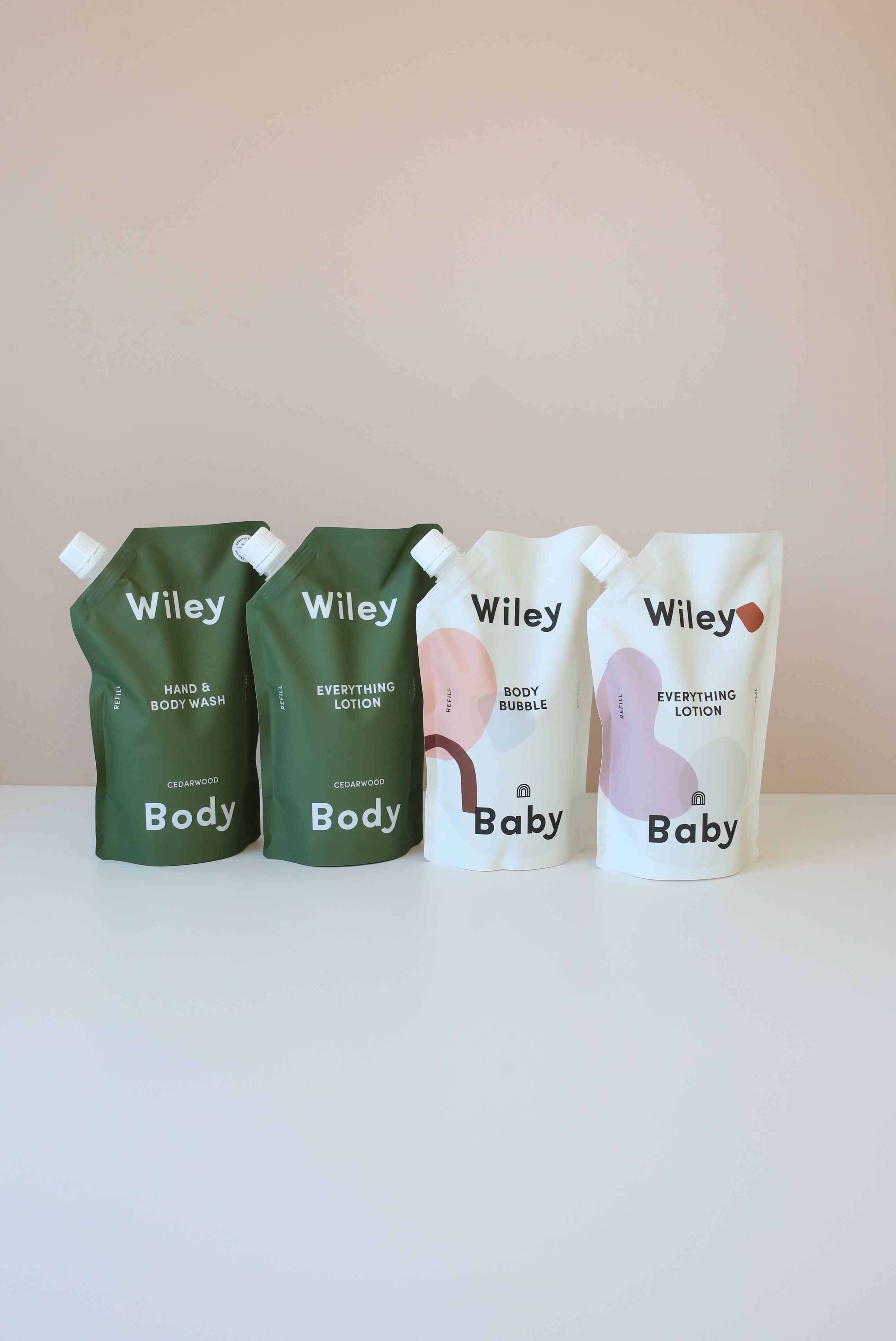 Wiley Body sustainable refill pouches for clean plant based body care and baby bath essentials