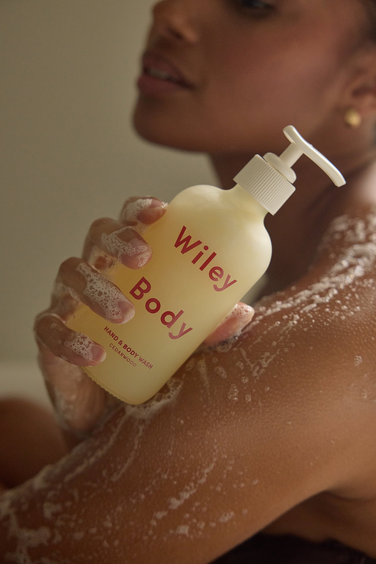 Wiley Body cedarwood hand and body wash non toxic body cleanser with creamy lather on skin